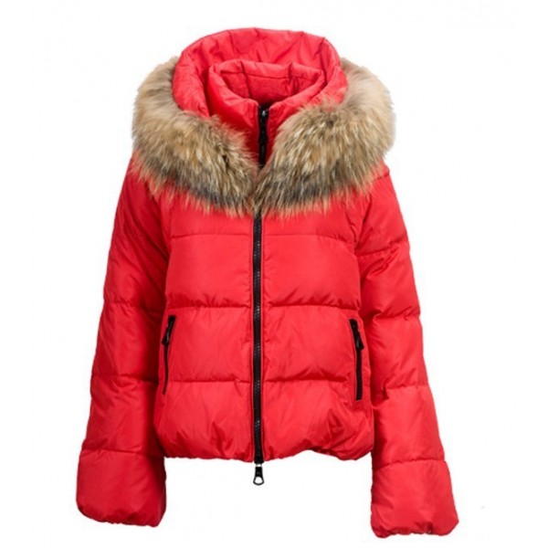 Moncler Donna cappotti con brillanti Watermelon rosso e collo di pelliccia